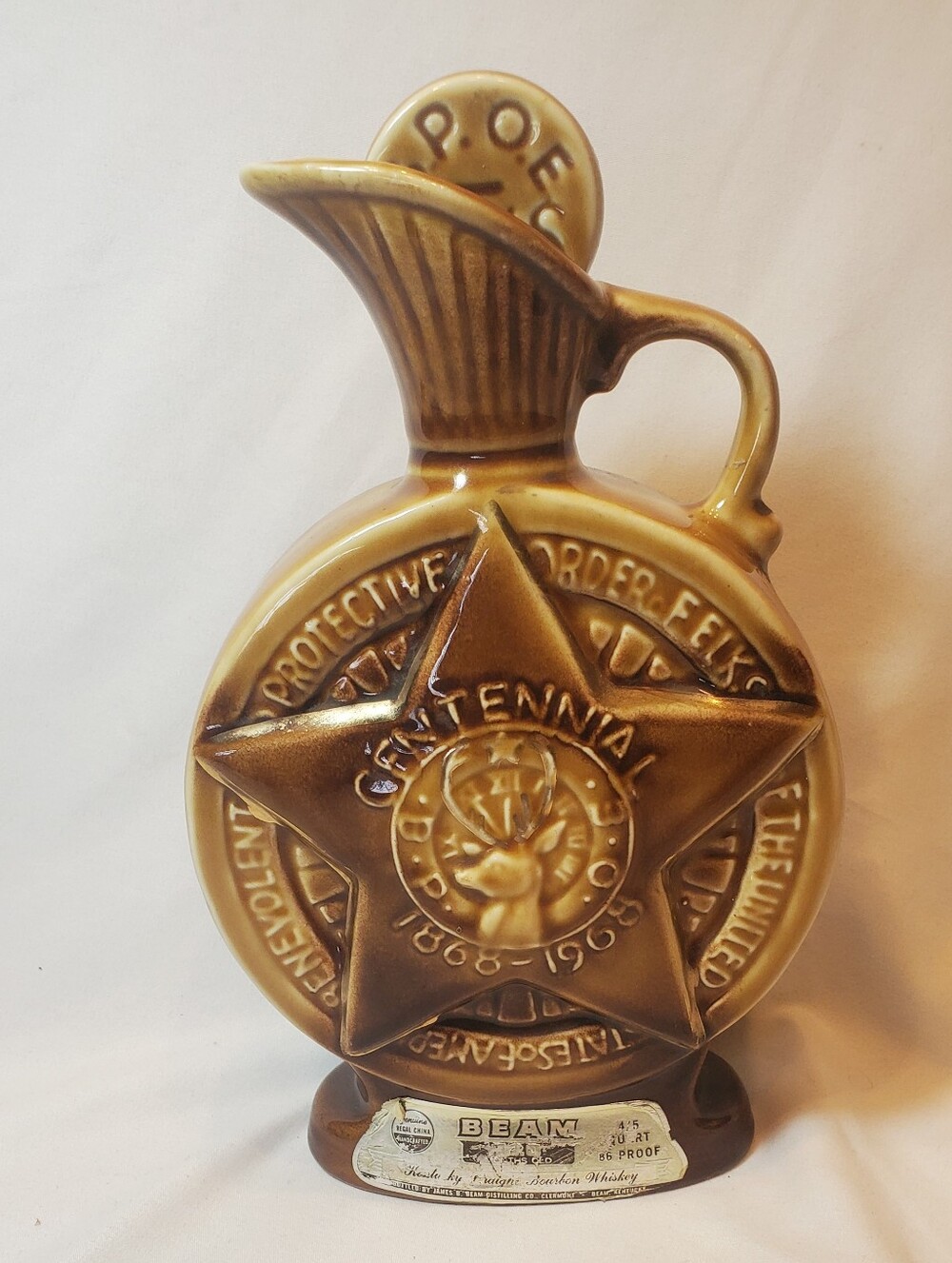 Jim Beam Vtg 1968 B.P.O.E. Elks Centennial Star Brown Ceramic Pitcher Decanter